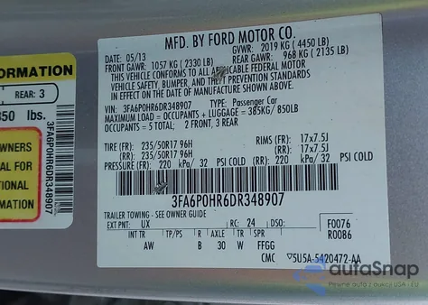 2013 Ford Fusion Se from USA, damaged, VIN 3FA6P0HR6DR348907